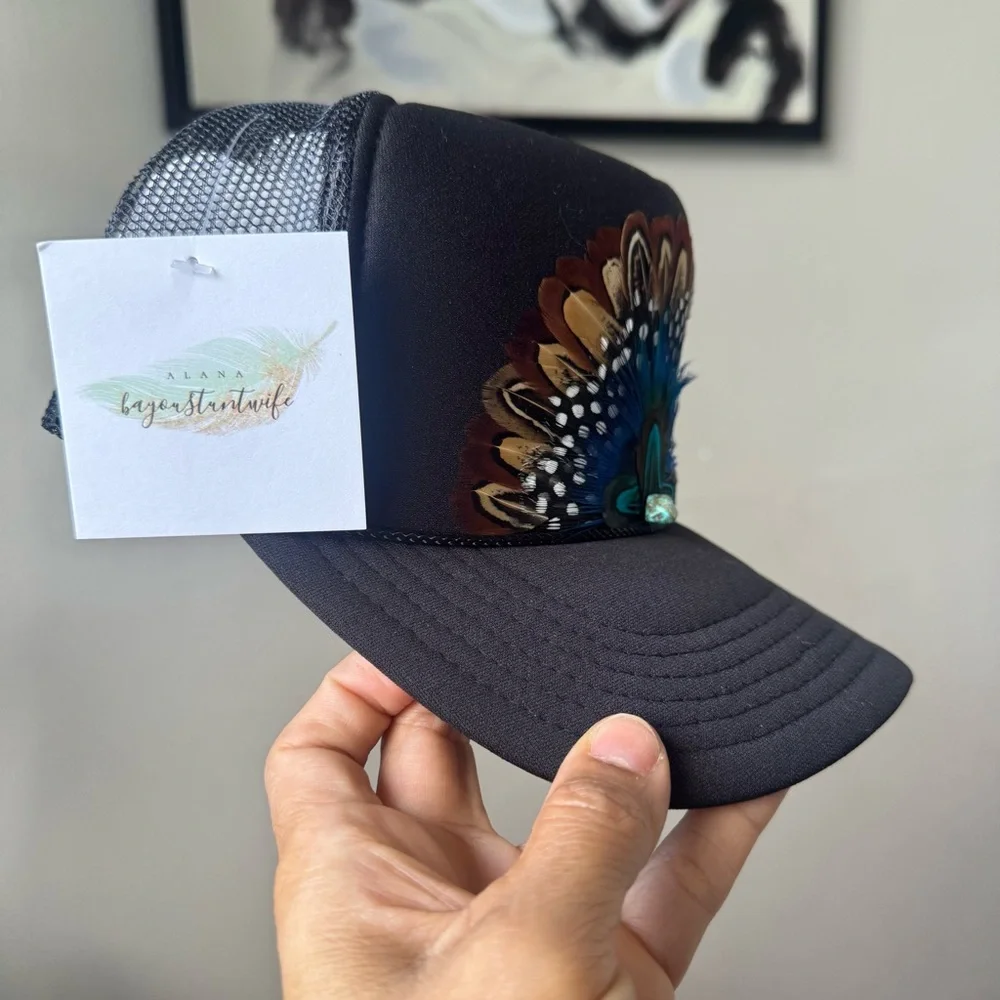 ‘The Boho Bloom’ Handmade Boho Feather Trucker Hat - Picture 2 of 4